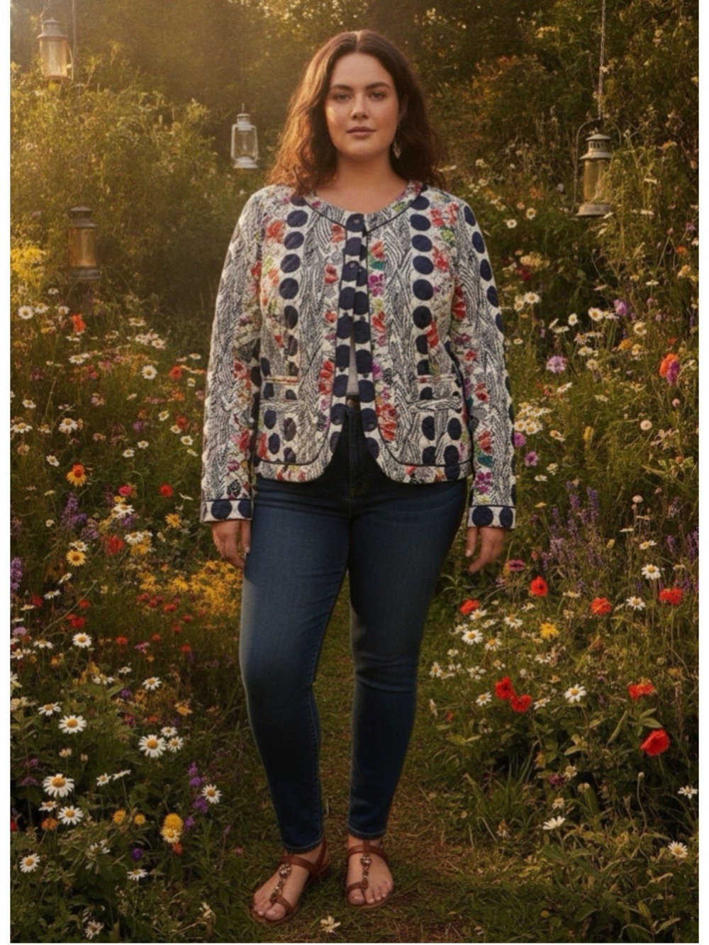 Anthropologie Isla Salta Quilted Polka Dot Floral Jacket Size 14 Bohemian Preppy